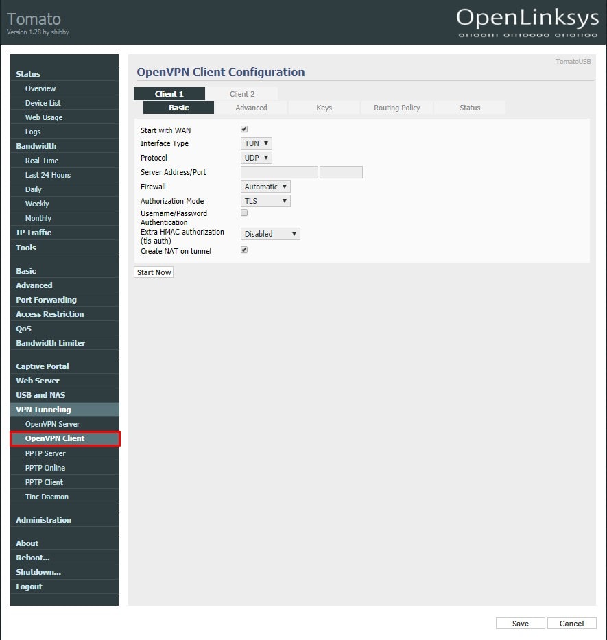 Configuring VPN on ASUS Tomato router, opening OpenVPN client settings